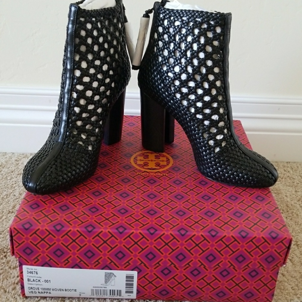 Tory Burch black Grove woven booties